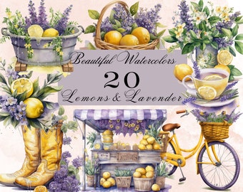 Watercolor Lemon & Lavender Clipart | 20 French Countryside Designs (Digital Download)