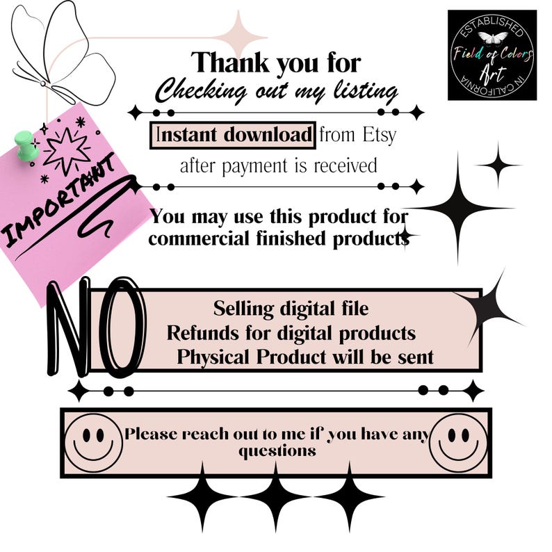 May include: A digital product listing graphic with text that reads "Thank you for checking out my listing." Other text includes "Instant download from Etsy" and "You may use this product for commercial finished products."