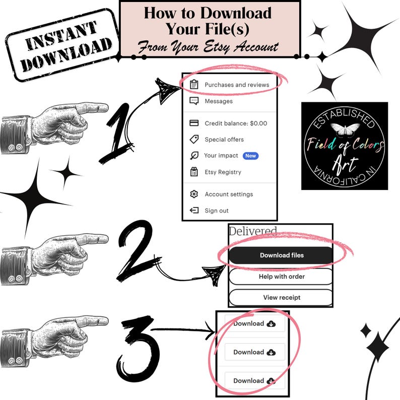 May include: An instructional graphic with the text "How to Download Your File(s) From Your Etsy Account." The image shows steps to download files, including "Purchases and reviews" and "Download files" buttons. The words "Instant Download" are also visible.