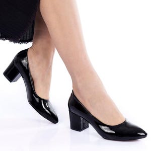 Black patent leather Shoes/Wedding shoes/ Comfortable heels/Thick heels/ special design 702CNR