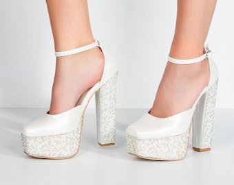 White Heel Poly Pearl Stone Bridal Shoes/Wedding shoes/Comfortable heels/Heeled shoes/custom design 85009CNR
