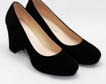Black suede Shoes/Wedding shoes/ Comfortable heels/Thick heels/ special design 902CNR