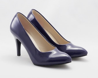 Dark blue patent leather Shoes/Wedding shoes/ Comfortable heels/ Thin Heels/ special design 1301CNR