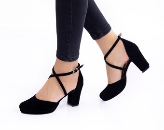 Zwart suède schoenen/trouwschoenen/ comfortabele hakken/ dikke hakken/ speciaal ontwerp 910CNR
