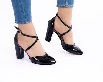black patent leather Shoes/Wedding shoes/ Comfortable heels/ Chunky heels/ special design 1310CNR