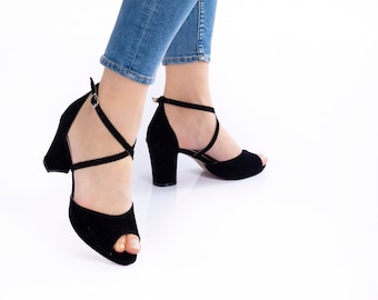 Zwart suède schoenen/trouwschoenen/ comfortabele hakken/ dikke hakken/ speciaal ontwerp 915CNR