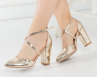 Gold Shoes/Wedding shoes/ Comfortable heels/ Chunky heels/ special design 1310CNR