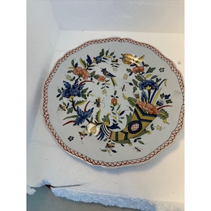 Antique France Ceramic plate from Rouen hand painted Bird Horn of Plenty 10”