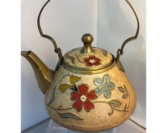 Bule de chá floral cloisonné VTG com esmaltes vibrantes Art Déco