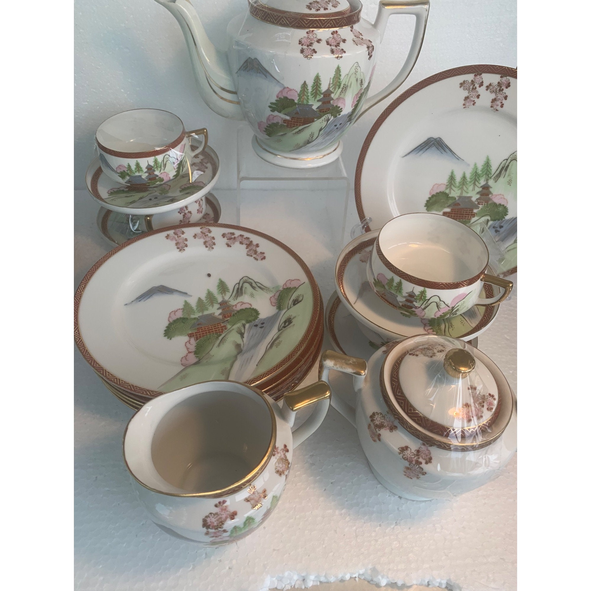 Vintage Chinese Hakusan Tea Set 3 Cups and Saucers 6 Plates