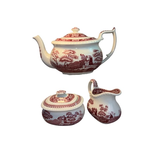 Antique English Spode Tea Set “pink Tower “ 1830 Cup Pot Creamer