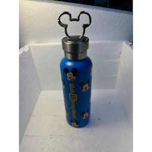 May include: Blue stainless steel water bottle with a Mickey Mouse design and a Mickey Mouse shaped lid. The bottle has the text "Walt Disney World" on the side.