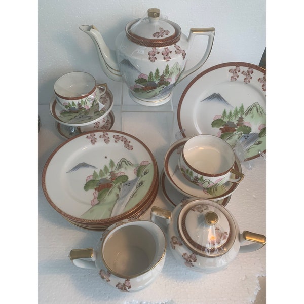 Vintage Chinese Hakusan tea set 3 cups 6 plates tea pot cr & sugar