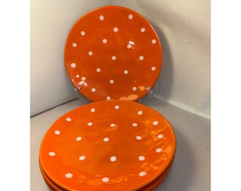 4 vintage Maxwell & Williams Sprinkle orange och vita prickiga salladstallrikar 20 cm