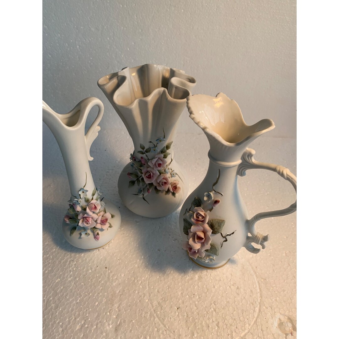 3 Vintage Lefton Vases Raised Roses Flowers Etsy
