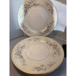 Könnte beinhalten: Zwei weiße Porzellanteller mit einem Blumendesign mit rosa und grünen Blumen. Die Teller haben einen goldenen Rand und einen goldenen Innenkreis. Die Teller sind übereinander gestapelt.