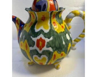 Vtg Anthropologie Whimsical Footed Teapot Black Bird mark 7" x 9"