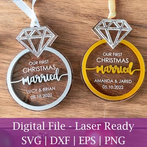 our first christmas married ornament svg, wedding ring ornament, just married ornament, christmas laser svg, glowforge SVG, laser cut file