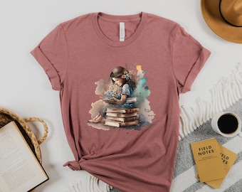 book tee shirt, book tee, book and flower shirt, girl reading tshirt, book lover gift for girls
