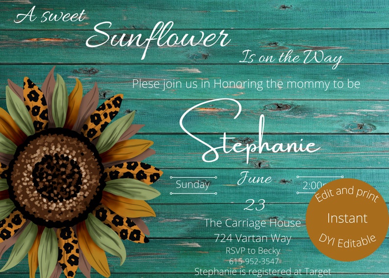 Printable Sunflower Baby Shower Invitation, Blue Wood Baby Shower