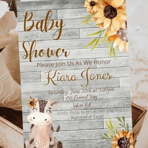 Editable Baby Shower Invitation Baby cow with sunflowers