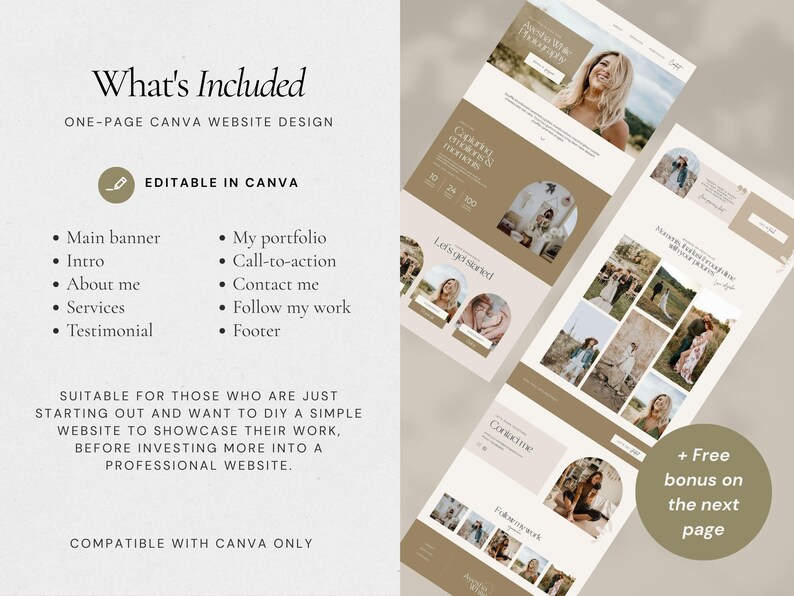 Photography Website Template for Canva, 1 Page Modern Website Template for Wedding Photographers, Boho Style image 3