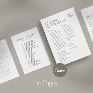 May include: A collection of white paper documents with black text, including a wedding questionnaire, shot list, timeline, and client info. The documents are arranged on a light gray surface. The text "Canva" and "10 Pages" are also visible.