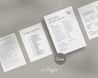 10ページ構成のウェディングフォトグラファー向け撮影リストチェックリスト｜Canvaで編集可能なタイムライン、オールドマネー風のクライアントアンケートキット