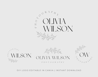Botanical Logo Template | DIY Logo | Premade logo template Canva | Wedding Photography Logo Herbal, Wreath, Branch| Circle Photographer Logo
