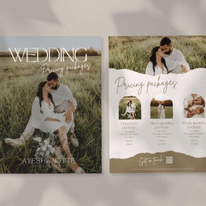 Folha de preços de fotografia de casamento Pacote de retrato boho para pacote de fotos de casamento com design de código QR Modelo personalizado para preços de retrato