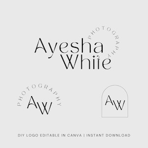 Może przedstawiać: Minimalistyczne logo dla "Ayesha White Photography" w kolorze czarnym na jasnoszarym tle. Projekt zawiera pełną nazwę, okrągły tekst "Photography" oraz wariacje inicjałów "AW". Obecny jest również tekst "DIY LOGO EDITABLE IN CANVA | INSTANT DOWNLOAD".