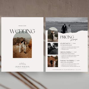 Guia de preços de fotografia Modelo de guia de preços de pacotes de casamento Lista de preços para fotografia de casamento Folha de preços de casamento editável no Canva