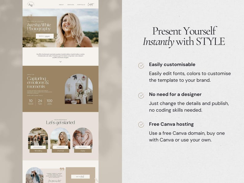 Photography Website Template for Canva, 1 Page Modern Website Template for Wedding Photographers, Boho Style image 6