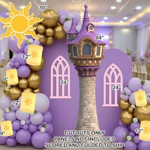 May include: A purple and gold party decoration set featuring a castle tower, sun, and balloon arches. The tower is 84 inches tall, with 24-inch window cutouts. Balloon arches include 9-inch and 12-inch lanterns. The sun cutout is 30 inches.