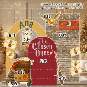 May include: A themed party backdrop featuring elements from a fantasy book series. Includes a golden snitch, a brick wall with a sign, a red arch with text, and a broom. Dimensions are noted in feet.
