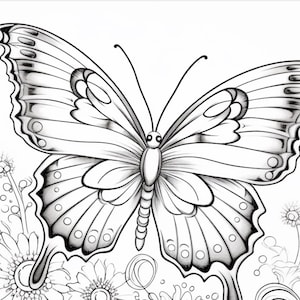 May include: A black and white line drawing of a butterfly with its wings spread wide. The butterfly is surrounded by flowers and swirls.