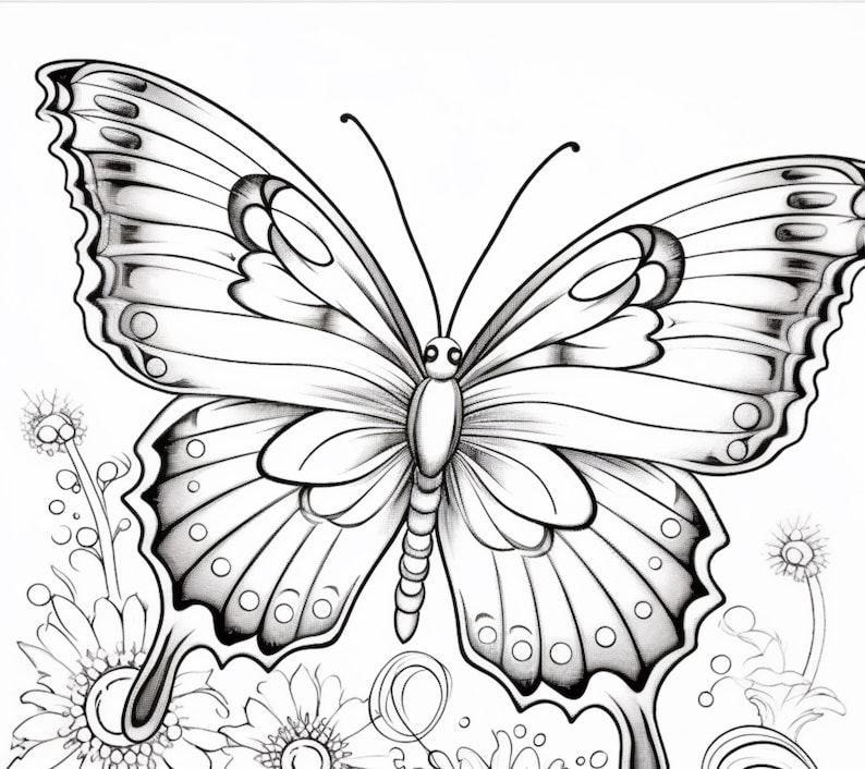 May include: A black and white line drawing of a butterfly with its wings spread wide. The butterfly is surrounded by flowers and swirls.
