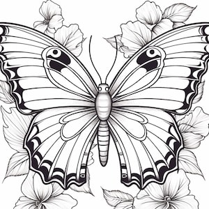 May include: A black and white line drawing of a butterfly with intricate details. The butterfly is surrounded by flowers.