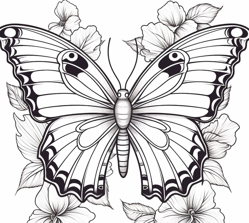 May include: A black and white line drawing of a butterfly with intricate details. The butterfly is surrounded by flowers.
