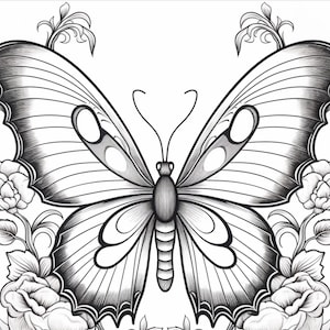 May include: A black and white line drawing of a butterfly with intricate details. The butterfly is surrounded by stylized flowers.