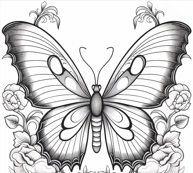 May include: A black and white line drawing of a butterfly with intricate details. The butterfly is surrounded by stylized flowers.