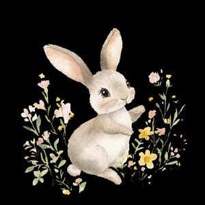 May include: A watercolor illustration of a gray bunny rabbit with pink ears and a white nose, surrounded by yellow and pink flowers on a black background.