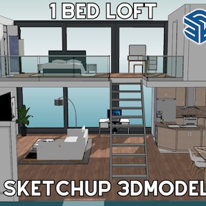 May include: A 3D model of a one-bedroom loft apartment with a kitchen, living room, bedroom, and bathroom. The model is created in SketchUp.