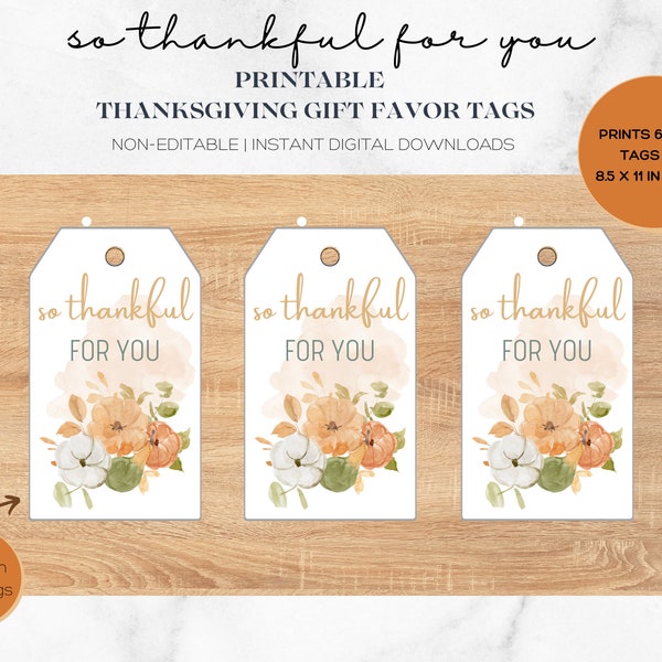 Thanksgiving Tags, Fall Thankful Gift Tag, Printable Thankful Tag, Friendsgiving Tag, Digital Thanksgiving Favor Tags, So Thankful For You