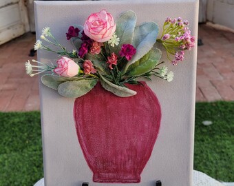 Pink and Purple Flowers in Burgundy Vase -3D