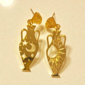 Gold Mirror Amphora Earrings, Celestial Art Deco Dangles