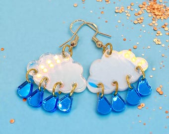 Irisierende Regenwolke Ohrringe, gespiegelte blaue Regentropfen