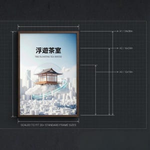 Peut inclure: Une affiche encadrée représentant une maison de thé japonaise flottant au-dessus d'une ville. L'œuvre comprend le texte "浮遊茶室 THE FLOATING TEA HOUSE". Disponible en tailles A1/61x91cm, A2/41x61cm et A3/30x46cm.