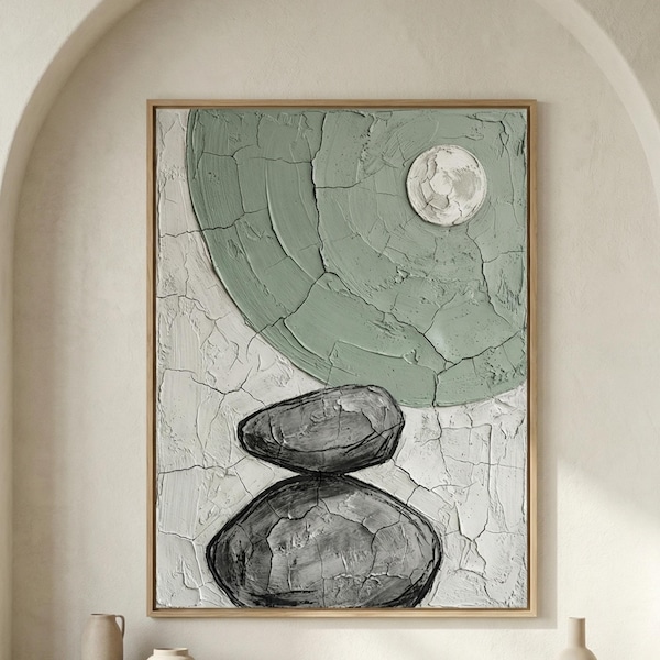 Sage Green Japandi Stone Art, Textured Abstract Print, Minimalist Zen Wall Decor (Digital Download)
