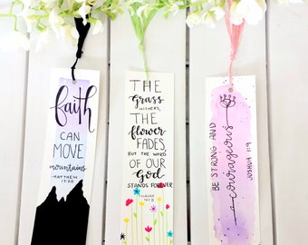 Bible Verse Bookmarks - Set of 3 - Floral Watercolor Bookmarks - Encouraging Bible Quotes - Handmade and Hand Lettered Bookmarks -Great Gift